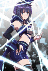 Rule 34 | 1girl, aqua belt, artist name, artist request, asaka karin, bare shoulders, belt, black gloves, black sleeves, black thighhighs, blouse, blue belt, blue bow, blue camisole, blue detached collar, blue eyes, blue hair, blue hat, blue pants, blue shirt, blue shorts, blue tank top, blue wrist cuffs, blush, bow, bowtie, breasts, bridal gauntlets, buttons, camisole, cleavage, collarbone, crop top, dark blue hair, detached collar, detached sleeves, earrings, elbow sleeve, feathers, female focus, fingerless gloves, fishnet thighhighs, fishnets, garter straps, gloves, hat, hat feather, highres, jewelry, light beam, light rays, looking at viewer, love live!, love live! nijigasaki high school idol club, love live! school idol festival, medium hair, midriff, mini hat, mini top hat, mole, mole on body, mole on breast, nail, nail polish, pants, parted lips, pink nails, shirt, short hair, shorts, single bare shoulder, single sleeve, sleeveless, small breasts, smile, solo, star (symbol), star earrings, tank top, teeth, thigh strap, thighhighs, top hat, v-shaped eyebrows, vivid world (love live!), white feathers, wing collar, wrist cuffs