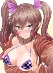 Rule 34 | 1girl, arm under breasts, bikini, blush, breasts, brown eyes, brown hair, brown jacket, checkered bikini, checkered clothes, cleavage, collarbone, commentary, gradient background, gradient hair, hair between eyes, hair ribbon, himekaidou hatate, jacket, large breasts, long hair, looking at viewer, multicolored hair, open clothes, open jacket, pink hair, pointy ears, purple ribbon, redrawn, ribbon, selfie, simple background, solo, string bikini, swimsuit, touhou, twintails, upper body, w, y2, yellow background