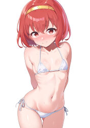 Rule 34 | 1girl, absurdres, arms behind back, bare shoulders, bikini, blush, breasts, collarbone, fire emblem, fire emblem: mystery of the emblem, hairband, highres, looking at viewer, maria (fire emblem), navel, nintendo, petite, red eyes, red hair, short hair, small breasts, solo, sonao, swimsuit, thighs, white bikini