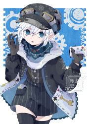 Rule 34 | 1boy, bloomminority, blue background, blue eyes, controller, fantasy, gloves, goggles, goggles on head, hat, highres, holding, holding controller, jacket, long sleeves, looking at viewer, male focus, multicolored background, open mouth, original, pointy ears, short hair, shorts, solo, thighhighs, white background, white hair