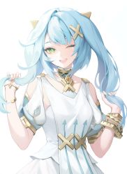 Rule 34 | 1girl, ;d, aqua hair, bare shoulders, bracer, clothing cutout, dress, faruzan (genshin impact), genshin impact, gold trim, green eyes, hair ornament, hands up, highres, holding, holding own hair, looking at viewer, minzu u, one eye closed, open mouth, short sleeves, sidelocks, simple background, smile, solo, symbol-shaped pupils, triangle-shaped pupils, twintails, upper body, white background, white dress, x hair ornament