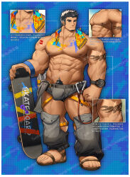 Rule 34 | 1boy, abs, bara, belt, black hair, bulge, chest hair, chinese text, close-up, facial hair, goatee, highres, large feet, large hands, large pectorals, leg hair, long sideburns, looking at viewer, male focus, multiple views, muscular, muscular male, navel hair, nipples, original, paint on body, pectorals, revealing clothes, short hair, sideburns, skateboard, standing, stomach, tekkowang, thick arms, thick eyebrows, thick thighs, thighs, topless male, translation request, veins, veiny arms, watermark