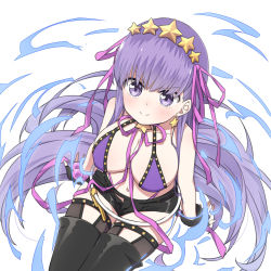 Rule 34 | &gt;:), 1girl, bare shoulders, bb (fate), bb (fate) (all), bb (swimsuit mooncancer) (fate), bb (swimsuit mooncancer) (second ascension) (fate), bead bracelet, beads, bikini, bikini under clothes, black footwear, black gloves, black shorts, black thighhighs, blush, boots, bracelet, breasts, cleavage, closed mouth, commentary request, earrings, fate/grand order, fate (series), fingerless gloves, from above, gloves, hair ornament, hair ribbon, heart, heart in eye, highres, jewelry, large breasts, lizi, long hair, looking at viewer, looking up, navel, neck ribbon, purple bikini, purple eyes, purple hair, purple ribbon, ribbon, short shorts, shorts, sitting, smile, solo, star (symbol), star earrings, star hair ornament, swimsuit, symbol in eye, thigh boots, thighhighs, thighhighs under boots, thighs, very long hair