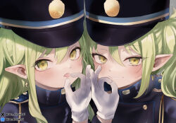 Rule 34 | 2girls, black hat, black shirt, blue archive, blush, earrings, gloves, green hair, hat, hikari (blue archive), nozomi (blue archive), jewelry, juurouta, long hair, long sleeves, looking at viewer, multiple girls, peaked cap, pointy ears, shirt, sidelocks, tongue, tongue out, twintails, twitter username, white gloves, yellow eyes