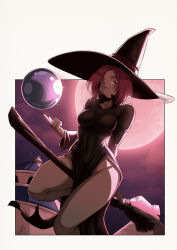 Rule 34 | 1girl, aged down, baba (dragon ball), benoit picard, black dress, breasts, broom, broom riding, crystal ball, dragon ball, dragon ball (classic), dress, hat, highres, large hat, looking at viewer, medium breasts, medium hair, purple hair, smile, solo, witch, witch hat