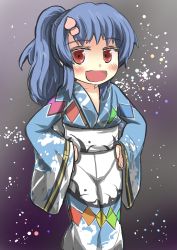 Rule 34 | 1girl, :d, adapted costume, alternate hairstyle, bad anatomy, blue hair, blush, food, fruit, gaoo (frpjx283), hair ornament, hairclip, highres, hinanawi tenshi, japanese clothes, kimono, open mouth, peach, ponytail, red eyes, smile, touhou