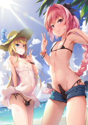 Rule 34 | 2boys, :q, absurdres, arm behind back, armpits, astolfo (fate), astolfo (sugar vacation) (fate), bare shoulders, beach, bikini, bikini bottom only, black bikini, black bow, black ribbon, blue eyes, blue sky, blush, bow, braid, bulge, chevalier d&#039;eon (fate), closed mouth, clothes lift, cloud, commentary request, covered erect nipples, covered navel, day, denim, denim shorts, dress, dress lift, erection, erection under clothes, fang, fang out, fate/grand order, fate (series), hair bow, hair intakes, hat, hat feather, highres, horizon, leaf, light rays, long hair, looking at viewer, male focus, multicolored hair, multiple boys, navel, ocean, official alternate costume, open fly, penis, penis peek, pink hair, purple eyes, ribbon, shinsei rorishotashotasuku, short shorts, shorts, side-tie bikini bottom, single braid, skin fang, sky, sleeveless, sleeveless dress, smile, standing, stomach, straight hair, streaked hair, sun hat, sunbeam, sundress, sunlight, sweat, swimsuit, thighs, tongue, tongue out, trap, unbuttoned, uncensored, v, v-shaped eyebrows, very long hair, water, water drop, wet, wet hair, white dress, white hair, wind, wind lift, wristband, yellow hat