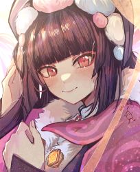 Rule 34 | 1girl, absurdres, black hair, blunt bangs, blush, capelet, fur trim, genshin impact, head tilt, highres, hime cut, looking at viewer, open hand, pink capelet, pink eyes, pom pom (clothes), portrait, shirt, smile, solo, vision (genshin impact), white shirt, wosabby, yun jin (genshin impact)