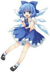 Rule 34 | 1girl, bloomers, blue eyes, blue hair, bow, cirno, dress, fairy, fang, foreshortening, full body, hair bow, hand on own hip, highres, hip focus, ice, looking at viewer, mary janes, matching hair/eyes, neck ribbon, open mouth, pointing, ribbon, shoes, short hair, skirt, smile, socks, solo, standing, touhou, transparent background, underwear, wings, yui (daijun)