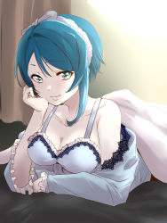 Rule 34 | 1girl, aizawa kazuha, aqua eyes, assault lily, bare shoulders, bed, blanket, blue camisole, blue hair, blue pajamas, bow, bow hairband, breasts, camisole, cleavage, closed mouth, collarbone, commentary request, commission, curtains, frilled camisole, frilled sleeves, frills, hair bow, hairband, hand up, head rest, highres, indoors, lace-trimmed camisole, lace trim, long sleeves, looking at viewer, lying, medium breasts, off shoulder, official alternate costume, on bed, on stomach, pajamas, short hair with long locks, skeb commission, smile, solo, swept bangs, under covers, urutsu sahari, white bow, white hairband, wide sleeves