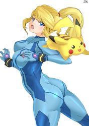 Rule 34 | 1girl, absurdres, artist name, ass, blonde hair, blue bodysuit, blue eyes, bodysuit, breasts, commentary request, creatures (company), deekei, game freak, gen 1 pokemon, hands up, highres, huge ass, medium breasts, metroid, mole, mole under mouth, nintendo, open mouth, pikachu, pokemon, pokemon (creature), ponytail, samus aran, shiny clothes, signature, simple background, skin tight, super smash bros., white background, zero suit