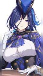 Rule 34 | 1girl, blue hair, breasts, capelet, clorinde (genshin impact), corset, earrings, genshin impact, gloves, hat, highres, holding, jewelry, large breasts, long hair, looking at viewer, luckplz, primogem, purple capelet, purple eyes, shirt, solo, tricorne, upper body, white background, white gloves, white shirt