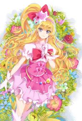 Rule 34 | 1girl, asahina mirai, blonde hair, blue eyes, bow, bracelet, cowboy shot, cure miracle, earrings, flower, gem, gloves, hair bow, hairband, half updo, hat, highres, index finger raised, jewelry, long hair, looking at viewer, magical girl, mahou girls precure!, mini hat, mini witch hat, pink bow, pink hat, pink skirt, ponytail, precure, puffy sleeves, red bow, red flower, red rose, rose, skirt, smile, solo, white gloves, witch hat, yuutarou (fukiiincho)