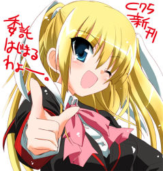 Rule 34 | 1girl, ;d, blonde hair, blue eyes, bow, bowtie, braid, hizuki yayoi, little busters!, long hair, looking at viewer, one eye closed, open mouth, pink bow, pink bowtie, pointing, pointing at viewer, single braid, smile, solo, tokido saya, upper body, white background, wink