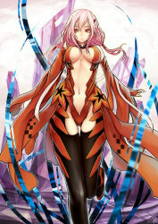 Rule 34 | 10s, 1girl, black thighhighs, breasts, cleavage, detached sleeves, evan yang, fingerless gloves, gloves, guilty crown, hair ornament, hairclip, long hair, navel, open mouth, pink hair, red eyes, solo, thigh gap, thighhighs, twintails, yuzuriha inori