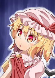 Rule 34 | 1girl, :o, ascot, blonde hair, blue background, commentary request, flandre scarlet, frilled shirt collar, frills, hair between eyes, hat, hat ribbon, head tilt, highres, looking to the side, looking up, mob cap, outline, pink hat, pink shirt, puffy short sleeves, puffy sleeves, red eyes, red vest, ribbon, shirt, shirt grab, short hair, short sleeves, simple background, solo, sugiyama ichirou, touhou, upper body, vest, wings, yellow ascot