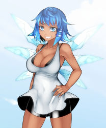 Rule 34 | 1girl, aged up, alternate breast size, alternate costume, aoshima, armpits, bare arms, bare shoulders, bike shorts, blue eyes, blue hair, breasts, chemise, cirno, cleavage, collarbone, cowboy shot, dark-skinned female, dark skin, dress, grin, hair ornament, halterneck, hand on own hip, hidden star in four seasons, ice, ice wings, large breasts, looking at viewer, medium breasts, short dress, shorts under dress, smile, solo, tanned cirno, touhou, white dress, wings