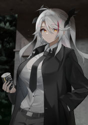 Rule 34 | 1girl, absurdres, alternate costume, azur lane, belt, black jacket, black necktie, black pants, blazer, bow, breasts, can, canned coffee, closed mouth, coffee, drink can, fingernails, formal, hair bow, hand in pocket, highres, holding, holding jar, j yak47, jacket, jar, large breasts, long hair, looking at viewer, multicolored hair, necktie, open clothes, open jacket, pants, prinz eugen (azur lane), scenery, shirt, silver hair, smile, solo, standing, suit, twintails, white shirt, yellow eyes