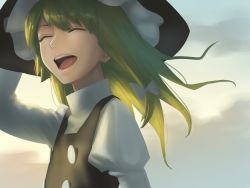 Rule 34 | 1girl, amino (tn7135), backlighting, bad id, bad pixiv id, black vest, blonde hair, bow, closed eyes, cloud, day, hair bow, hand on headwear, hat, kirisame marisa, long hair, morning, open mouth, outdoors, shirt, smile, solo, sunlight, touhou, turtleneck, vest, white shirt, witch hat