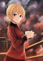 Rule 34 | 10s, 1girl, ashes, bad id, bad pixiv id, blonde hair, blurry, blush, braid, burning, buttons, cowboy shot, cup, darjeeling (girls und panzer), depth of field, fire, fire, girls und panzer, highres, holding, holding cup, jacket, long sleeves, looking at viewer, military, military uniform, papi (papiron100), purple eyes, railing, red jacket, red skirt, short hair, side braid, skirt, sleeve cuffs, smile, smoke, solo, tareme, teacup, uniform