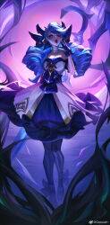 Rule 34 | 1girl, ;o, absurdres, artist name, black bow, black dress, black gloves, blue hair, bow, dress, drill hair, full body, gloves, gwen (league of legends), hair bow, hand up, highres, holding, holding scissors, league of legends, long hair, one eye closed, oversized object, pantyhose, qqquain, scissors, solo, standing, striped clothes, striped pantyhose, twin drills, twintails, white dress