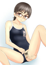 Rule 34 | 1girl, bad id, bad pixiv id, bar censor, black hair, blue eyes, blush, braid, breasts, brown hair, censored, clothing aside, competition school swimsuit, eyebrows, female pubic hair, glasses, grey eyes, highres, one-piece swimsuit, open mouth, original, pointless censoring, ponytail, pubic hair, pussy, school swimsuit, single braid, small breasts, solo, swimsuit, swimsuit aside, takafumi