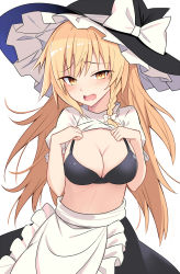 Rule 34 | 1girl, apron, black bra, black hat, black skirt, blonde hair, blush, bow, bra, braid, breasts, cleavage, clothes lift, e.o., hair bow, hat, hat bow, highres, kirisame marisa, large breasts, lifted by self, long hair, open mouth, shirt, shirt lift, simple background, single braid, skirt, solo, touhou, underwear, white apron, white background, white bow, white shirt, witch hat, yellow eyes