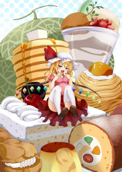 Rule 34 | 1girl, alternate costume, blonde hair, blue door, breasts, cake, cherry, contemporary, cream, cream puff, female focus, flandre scarlet, food, fruit, hat, highres, in food, licking, looking at viewer, medium breasts, melon, mini person, minigirl, open mouth, pants, plump, pudding, red eyes, short hair, sitting, solo, strawberry, thighhighs, tongue, touhou, white thighhighs, wings