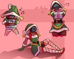 Rule 34 | 1girl, arcafterdark, belt, belt buckle, breasts, buckle, candy cane print, christmas elf, cleavage, eighth note, gift, gloves, heart, highres, hood, knee up, knees together feet apart, looking at viewer, multiple views, musical note, quarter note, red footwear, signature, simple background, sitting, small breasts, thighhighs, warframe, zettai ryouiki