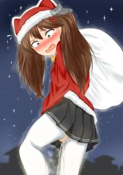 Rule 34 | 1girl, alternate costume, bag, between legs, black skirt, blush, bow, brown eyes, brown hair, christmas, constricted pupils, embarrassed, female focus, flying sweatdrops, from behind, fur trim, hair ornament, hand between legs, hat, highres, kantai collection, long sleeves, looking at viewer, looking back, looking down, matching hair/eyes, nabuki32, night, night sky, open mouth, outdoors, pantyhose, peeing, peeing self, pleated skirt, red hat, red shirt, ryuujou (kancolle), santa costume, santa hat, scrunchie, shirt, skirt, sky, solo, standing, star (sky), starry sky, steam, trembling, twintails, wet, wet clothes, white pantyhose, yellow bow
