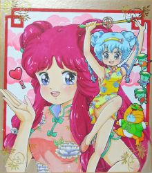Rule 34 | 1980s (style), 2girls, blue eyes, blue hair, braid, cat, china dress, chinese clothes, creature, double bun, dress, dual persona, full body, gera gera (persia), hairband, hayami persia, heart, long hair, mahou no yousei persia, meso meso (persia), mikiky, multiple girls, retro artstyle, persia (mahou no yousei persia), pink hair, puri puri (persia), retro artstyle, shikishi, shoes, short hair, simba (persia), smile, standing, standing on one leg, traditional media, twin braids, twintails, wand