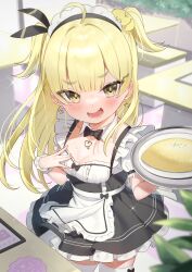 Rule 34 | 1girl, absurdres, ahoge, apron, black bow, black bowtie, black dress, black ribbon, blonde hair, blurry, blurry background, blurry foreground, blush, bow, bowtie, breasts, cleavage, collar, collarbone, commentary request, depth of field, detached collar, dress, food, frilled apron, frilled dress, frills, hair ornament, hair ribbon, hairclip, hands up, heart, highres, holding, holding tray, long hair, looking at viewer, maid headdress, moe2023, nervous smile, omelet, omurice, original, plate, pleated dress, puffy short sleeves, puffy sleeves, ribbon, shirt, short eyebrows, short sleeves, small breasts, smile, solo, table, thick eyebrows, thighhighs, tray, tsukiman, two side up, v-shaped eyebrows, very long hair, waist apron, waitress, white apron, white collar, white shirt, white thighhighs, wing collar, wrist cuffs, yellow eyes