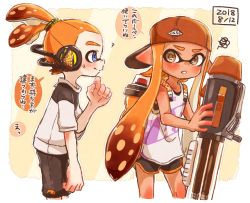 Rule 34 | 1boy, 1girl, ?, backwards hat, bad id, bad twitter id, ballpoint splatling (splatoon), baseball cap, black shorts, blue eyes, blunt bangs, brown eyes, commentary, dark-skinned female, dark skin, dated, dolphin shorts, gym shorts, harutarou (orion 3boshi), hat, headgear, holding, holding weapon, ink tank (splatoon), inkling, inkling (language), inkling boy, inkling girl, inkling player character, logo, long hair, looking at another, looking back, mask, nintendo, open mouth, orange headwear, parted lips, pointy ears, red headwear, scrunchie, shirt, short shorts, short sleeves, shorts, smile, squiggle, standing, sweatdrop, tank top, tentacle hair, topknot, translated, weapon, white shirt
