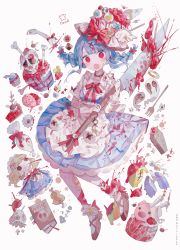 Rule 34 | 1girl, absurdres, apron, artist name, bandages, blood, blood on clothes, blood on face, blue hair, boned meat, book, bow, braid, brain, cake, candle, choker, circular saw, coffin, commentary request, cookie, cupcake, disembodied limb, doll, fish skeleton, flower, food, fork, frilled shirt, frilled shirt collar, frilled skirt, frills, ghost, gloves, hair ornament, halo, hat, hat bow, heart (organ), highres, holding, holding knife, knife, liver, looking at viewer, lungs, meat, neck ribbon, no pupils, open mouth, original, oversized object, pastry, red eyes, ribbon, rose, saw, shirt, shoes, short sleeves, simple background, skirt, skirt set, skull, solo, twin braids, umemaro (siona0908), waist apron, white background, wing collar, x hair ornament