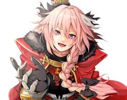 Rule 34 | 1boy, armor, astolfo (fate), black bow, bow, braid, cloak, eyebrows, fang, fate/apocrypha, fate/grand order, fate (series), fur-trimmed cloak, fur trim, gauntlets, gorget, hair bow, hair intakes, happy, long braid, long hair, long sleeves, looking at viewer, male focus, multicolored hair, open mouth, pink hair, puffy sleeves, purple eyes, red cloak, simple background, single braid, smile, solo, streaked hair, trap, upper body, white background, yawl