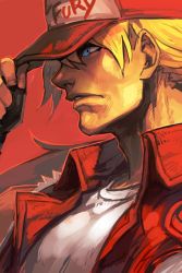 Rule 34 | 1boy, baseball cap, blonde hair, blue eyes, fatal fury, fingerless gloves, gloves, hat, hungry clicker, long hair, male focus, muscular, ponytail, snk, solo, terry bogard, the king of fighters