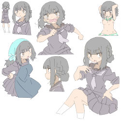 Rule 34 | 1girl, absurdres, apron, arms up, bikini, black hair, black skirt, braid, brown eyes, character sheet, cropped torso, female focus, flat color, french braid, from side, head scarf, highres, looking at viewer, masikakuma, navel, nipples, open mouth, original, pale color, pleated skirt, profile, running, school uniform, serafuku, simple background, skirt, socks, solo, swimsuit, wardrobe malfunction, white background