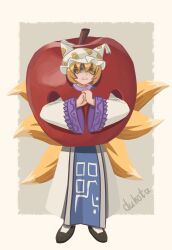 Rule 34 | 1girl, absurdres, angry, animal ears, apple, artist name, blonde hair, clenched teeth, commentary, cracking knuckles, dress, duhota, english commentary, food, fox ears, fox tail, fruit, fruit costume, full body, hat, highres, kitsune, long sleeves, mob cap, multiple tails, shaded face, short hair, solo, standing, tabard, tail, teeth, touhou, white dress, white hat, wide sleeves, yakumo ran, yellow eyes