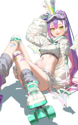 Rule 34 | 1girl, absurdres, arm up, bandaid, belt, belt pouch, breasts, cleavage cutout, clothing cutout, crop top, cropped sweater, demon tail, earrings, fang, gloves, goggles, goggles on head, gradient hair, green eyes, grey socks, highres, holding, holding megaphone, hololive, jewelry, knee pads, knees up, long hair, long sleeves, looking at viewer, loose socks, medium breasts, megaphone, micro shorts, midriff, mini wings, mr.lime, multicolored hair, navel, navel piercing, open mouth, piercing, ponytail, pouch, puffy long sleeves, puffy sleeves, purple hair, ribbed sweater, roller skates, see-through, see-through sleeves, shoes, shorts, shrug (clothing), sidelocks, simple background, sitting, skates, smile, socks, solo, stomach, streaked hair, sweater, tail, thigh strap, thighs, tokoyami towa, tokoyami towa (5th costume), turtleneck, turtleneck sweater, very long hair, virtual youtuber, white background, white footwear, white gloves, white shorts, white sweater, wings
