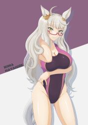 Rule 34 | 1girl, absurdres, ahoge, animal ears, biwa hayahide (umamusume), breasts, brown eyes, character name, cleavage, contrapposto, covered navel, ear ornament, feet out of frame, glasses, highres, horse ears, horse girl, horse tail, large breasts, one-piece swimsuit, purple background, purple one-piece swimsuit, red-framed eyewear, semi-rimless eyewear, seppatsumaru, solo, swimsuit, tail, two-tone background, two-tone swimsuit, umamusume, white background, white hair