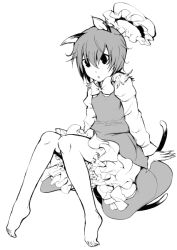 Rule 34 | 1girl, animal ears, barefoot, bow, cat ears, cat girl, cat tail, chen, claws, earrings, feet, female focus, frills, full body, greyscale, hat, unworn hat, unworn headwear, jewelry, monochrome, multiple tails, pageratta, simple background, sitting, solo, spot color, tail, touhou