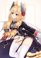 Rule 34 | 1girl, azur lane, black jacket, black panties, blonde hair, blush, breasts, cape, closed mouth, commentary request, gloves, groin, hair between eyes, hair ears, hair ornament, headgear, highres, holding, holding sword, holding weapon, jacket, long hair, long sleeves, panties, purple eyes, remodel (azur lane), ryara, side-tie panties, sidelocks, sleeves past wrists, small breasts, smile, solo, sword, thighhighs, underwear, warspite (azur lane), weapon, white cape, white gloves, white thighhighs