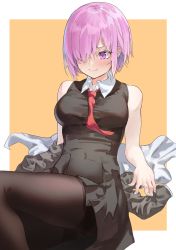 Rule 34 | 1girl, absurdres, bare shoulders, black dress, black pantyhose, blush, border, breasts, closed mouth, collared dress, dress, fate/grand order, fate (series), grey jacket, hair over one eye, highres, ildy, jacket, unworn jacket, mash kyrielight, medium breasts, necktie, orange background, outside border, pantyhose, purple eyes, purple hair, red necktie, short hair, simple background, sleeveless, sleeveless dress, smile, solo, thighband pantyhose, v-shaped eyebrows, white border