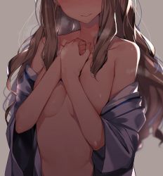 Rule 34 | 1girl, asakaze (kancolle), bare shoulders, breasts, brown hair, cleavage, hand on own chest, head out of frame, kantai collection, long hair, medium breasts, orihi chihiro, partially undressed, solo