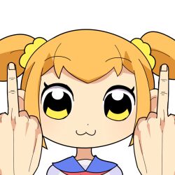 Rule 34 | 1girl, :3, bkub (style), blonde hair, blue sailor collar, closed mouth, commentary request, double middle finger, fingernails, hair ornament, hair scrunchie, hospital king, looking at viewer, middle finger, poptepipic, popuko, portrait, sailor collar, scrunchie, shirt, short hair, sidelocks, simple background, smile, solo, two side up, white background, white shirt, yellow eyes, yellow scrunchie