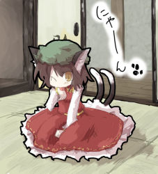 Rule 34 | 1girl, animal ears, brown eyes, brown hair, cat ears, cat girl, cat tail, chen, dress, female focus, hat, multiple tails, nyan, one eye closed, paw pose, sasane, solo, tail, touhou, wink