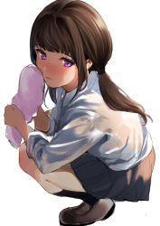 Rule 34 | 1girl, black skirt, black socks, blush, brown footwear, brown hair, closed mouth, collared shirt, commentary, full body, highres, holding, holding towel, knees to chest, lips, long hair, looking at viewer, miniskirt, original, pleated skirt, purple eyes, school uniform, shirt, shoes, simple background, skirt, socks, solo, squatting, straight hair, toro tarou, towel, twintails, white background, white shirt, wing collar, wiping face