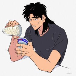 Rule 34 | 1boy, black eyes, black hair, black shirt, commentary request, facial scar, failure, fingernails, food, grey background, ice cream, ice cream cone, inudori, itou kaiji, kaiji, long hair, looking at food, male focus, medium bangs, parted bangs, scar, scar on cheek, scar on ear, scar on face, scar on hand, shirt, short sleeves, simple background, solo, t-shirt, upper body