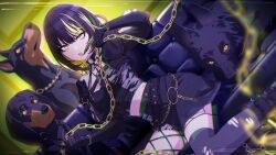 Rule 34 | 1girl, animal, animal collar, black hair, black jacket, blonde hair, breasts, chain, chain leash, choker, claw ring, collar, collarbone, dog, eyelashes, gloves, goth fashion, holding, holding chain, holding leash, idolmaster, idolmaster shiny colors, ikaruga luca, jacket, leash, looking at viewer, makeup, medium breasts, medium hair, midriff peek, multicolored hair, official art, open mouth, shirt, solo, streaked hair, thighhighs, torn clothes, torn thighhighs, two-tone hair, yellow eyes