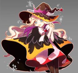 Rule 34 | 1girl, black cape, black leggings, blue eyes, buchu14569590, cape, cookie run, cream puff cookie, dress, grey background, hat, humanization, interlocked fingers, leggings, long hair, looking at viewer, official alternate costume, open mouth, orange trim, own hands clasped, own hands together, ribbon, smile, solo, wavy hair, white hair, white ribbon, witch hat